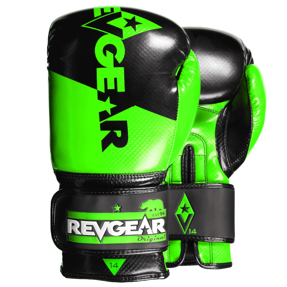 Green and black Pinnacle boxing gloves shown as a pair
