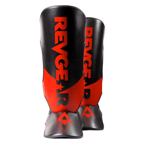 Pair of black and red P4 shin guards