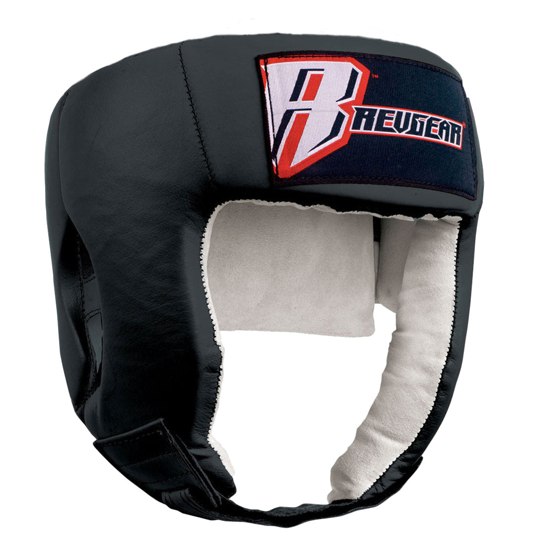 Black open-face leather headgear with a white chin pad and red Revgear logo