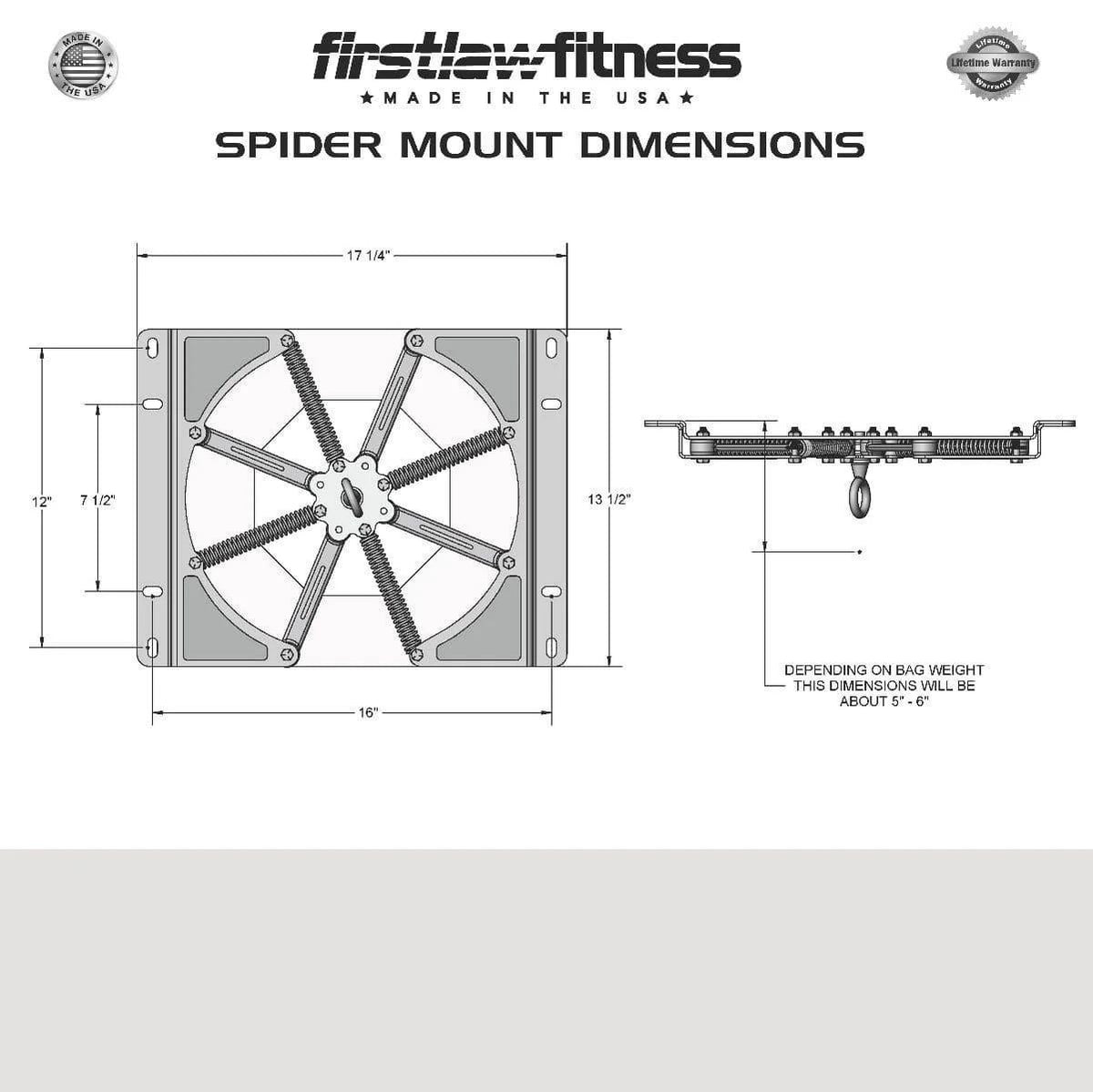 Spider Mount dimensions diagram, 17.5 inch square base plate with the swivel arm