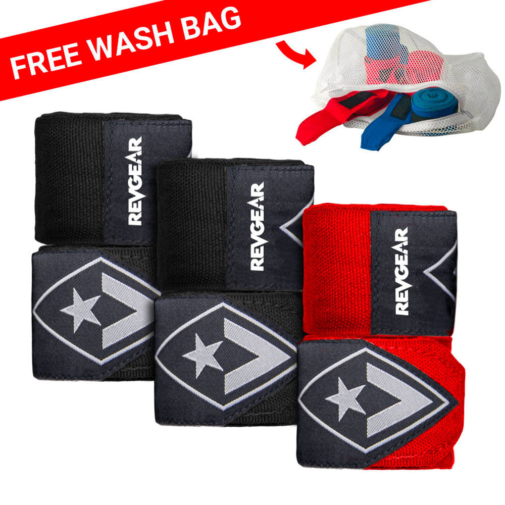 Revgear 180" 3-Pack Hand Wrap Bundle with Free Wash Bag - Black/Red