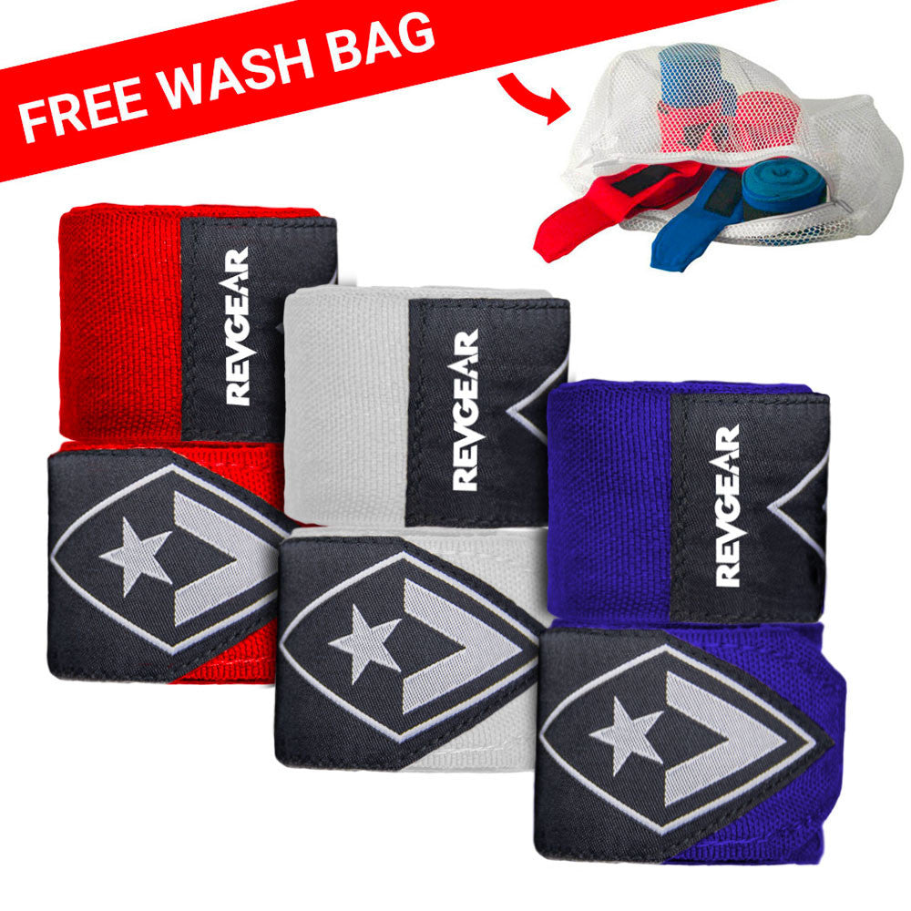 Revgear 180" Hand Wrap 3-Pack Bundle with Free Wash Bag - Red/White/Blue