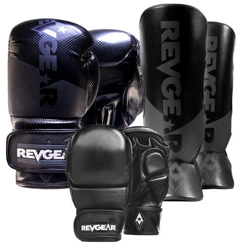 Pinnacle P4 Boxing Gloves 16oz, Pinnacle MMA Gloves Large and Pinnacle Shin Guards Large- Black/Black Bundle