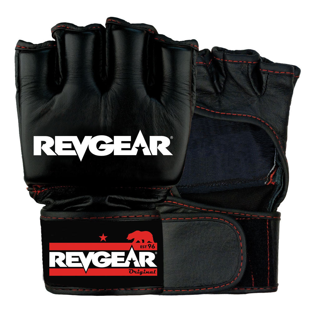 Pair of black Challenger 2 leather MMA gloves with the red Revgear logo