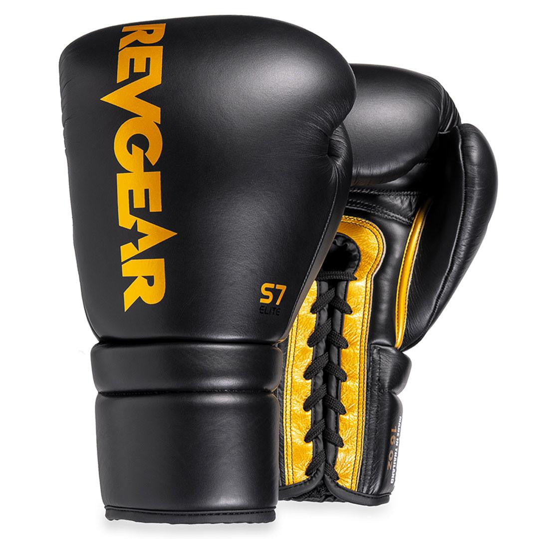 Pair of black S7 lace-up sparring gloves with gold trim