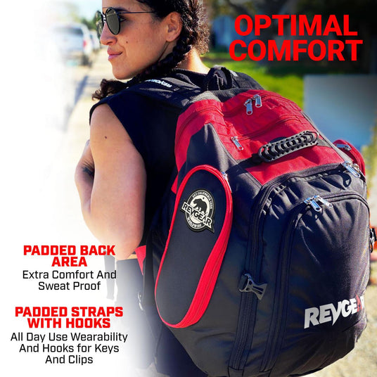 Woman wearing the red and black Travel Locker XL backpack, callouts for padded back and straps