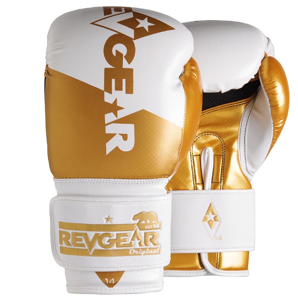 White and gold Pinnacle boxing gloves shown as a pair