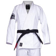 White Huntington gi with a black belt, front view
