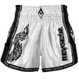 White and black Naga Thai shorts with a serpent print