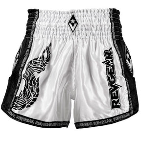 White and black Naga Thai shorts with a serpent print