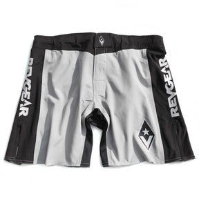 Gray and black Stealth Hybrid MMA shorts shown flat