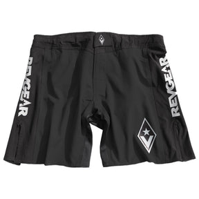Black and gray Stealth Hybrid MMA shorts shown flat