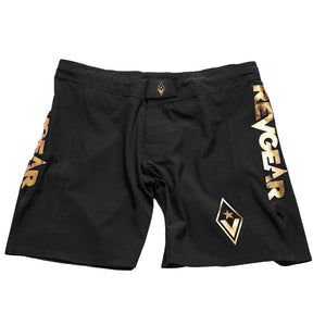 Black and gold Stealth Hybrid MMA shorts shown flat