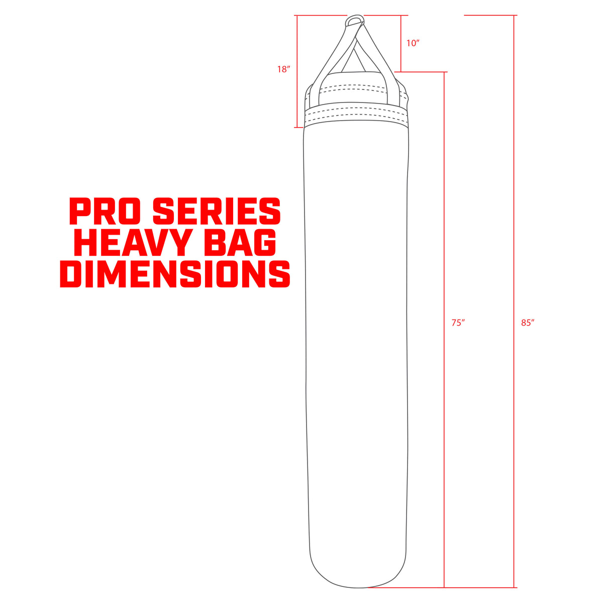 Pro Series heavy bag dimensions diagram, 18 inches wide with the hanging height marked