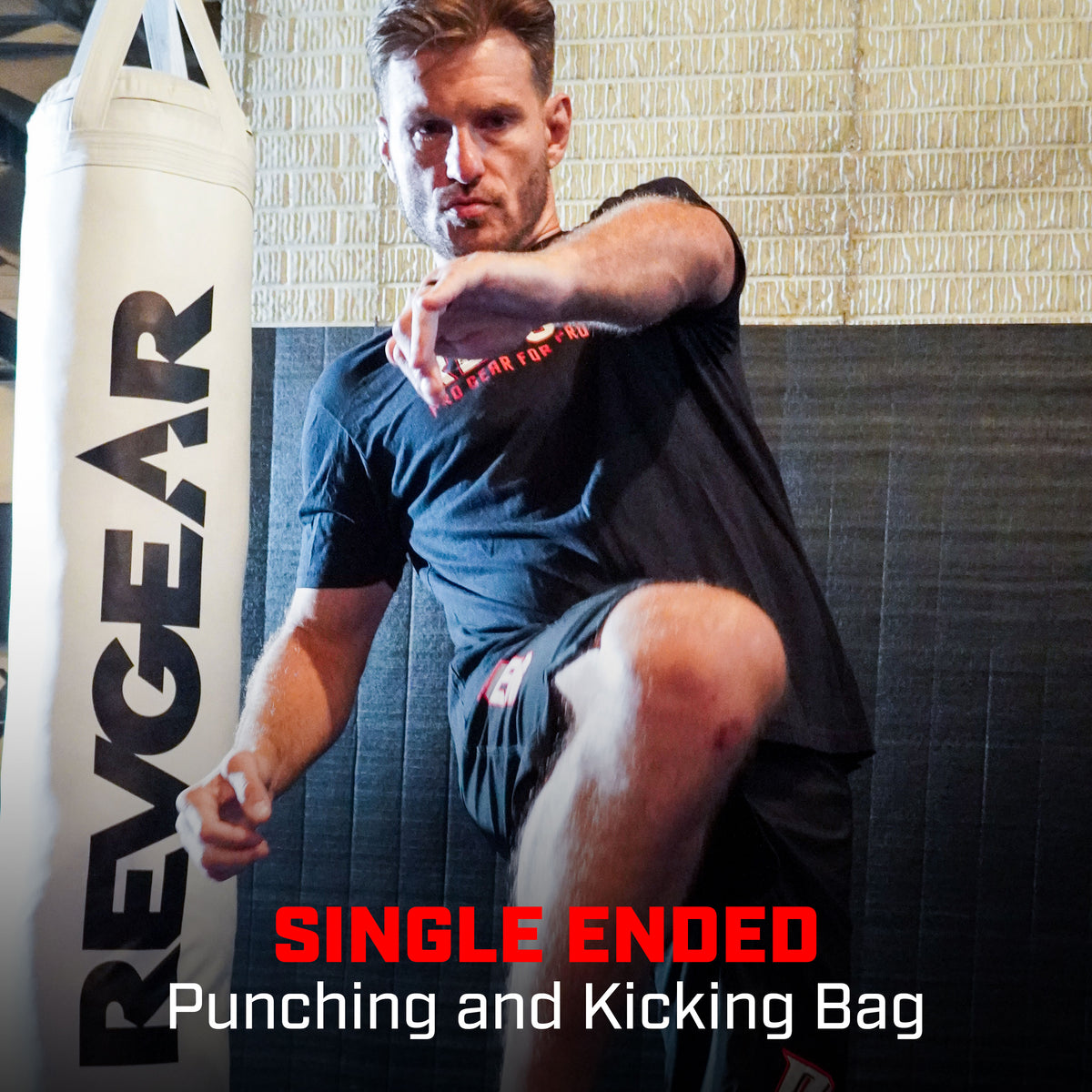 Man seated beside a heavy bag, captioned single ended punching and kicking bag