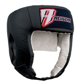 Black open-face leather headgear with a white chin pad and red Revgear logo
