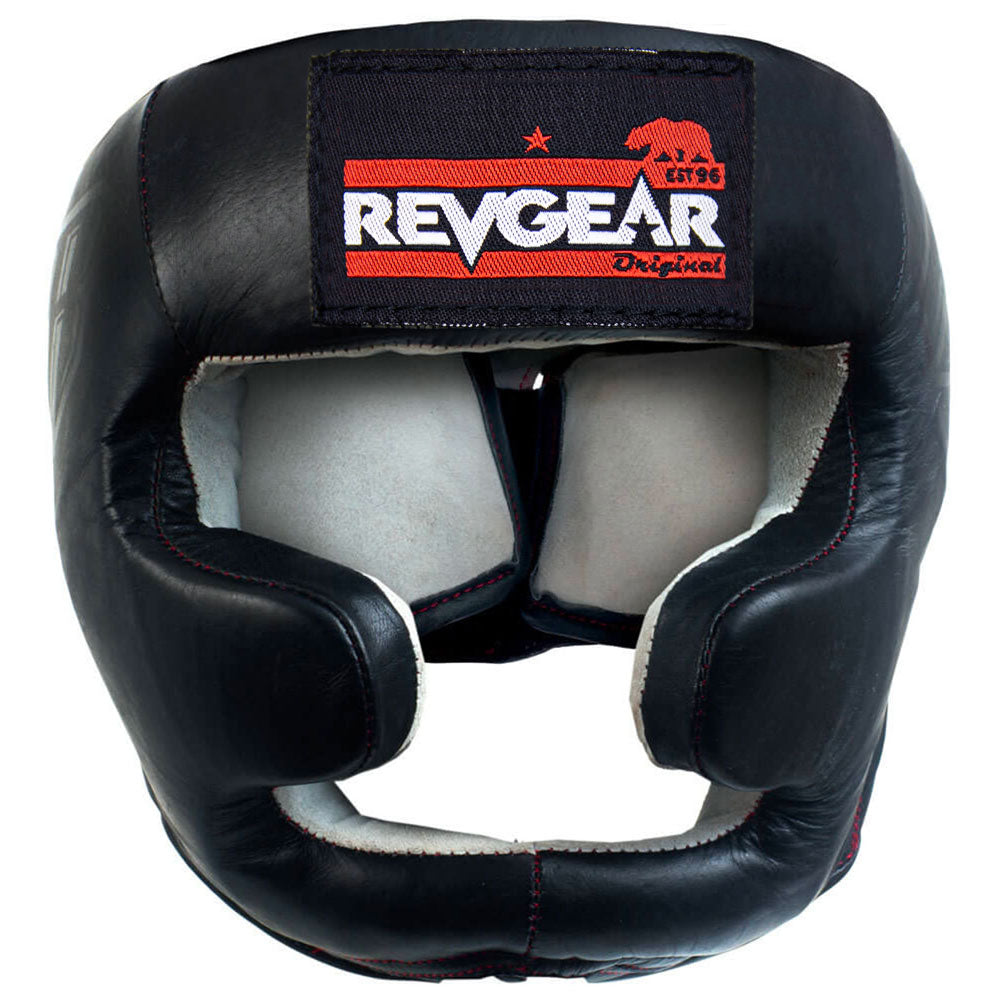 Black leather headgear with cheek and chin protection, front view
