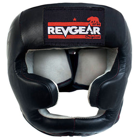 Black leather headgear with cheek and chin protection, front view