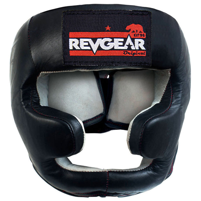 Black leather headgear with cheek and chin protection, front view