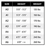 Gi size chart matching A0 through A6 to heights 5ft to over 6ft 8in and weights 135 to 260 lbs