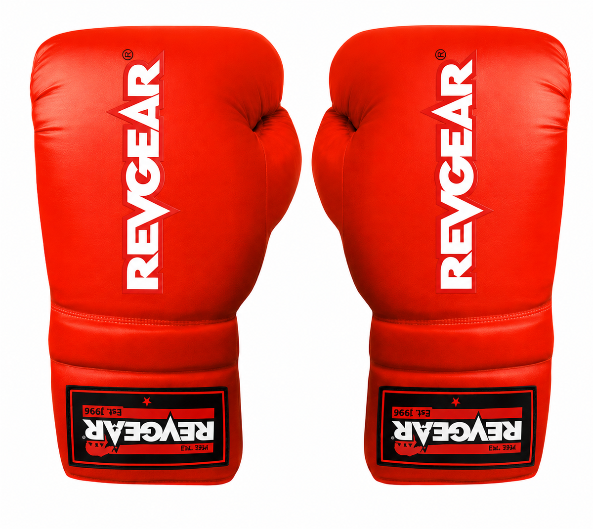 Pair of oversized red display boxing gloves with white Revgear lettering