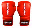 Pair of oversized red display boxing gloves with white Revgear lettering