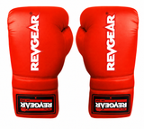 Pair of oversized red display boxing gloves with white Revgear lettering