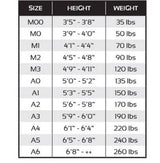 Gi size chart matching M00 through A6 to heights 3ft 5in to over 6ft 8in and 35 to 260 lbs