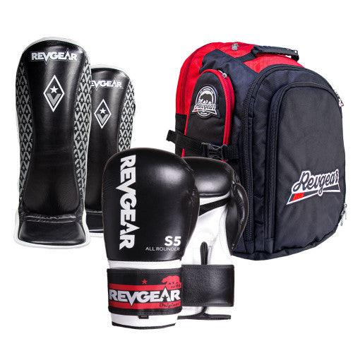 Revgear All Rounder Boxing Gloves, Superlite Shin Guard & Travel Locker XL Bundle