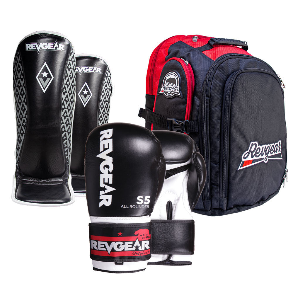 Revgear All Rounder Boxing Gloves, Superlite Shin Guard & Travel Locker XL Bundle