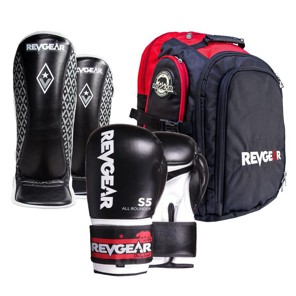 Revgear All Rounder Boxing Gloves, Superlite Shin Guard & Travel Locker XL Bundle