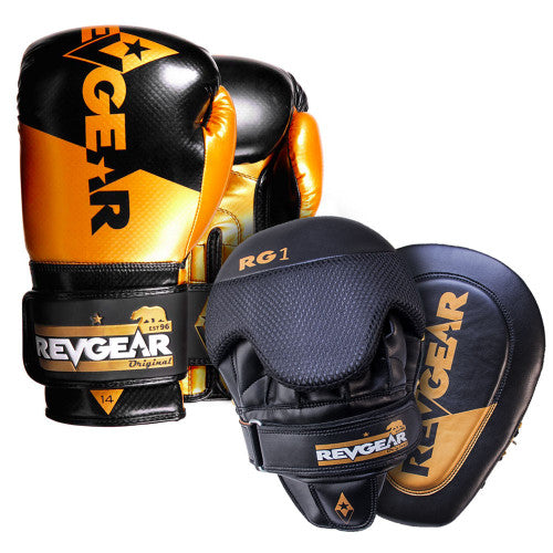 Revgear Pinnacle P4 Boxing Gloves 16oz & RG1 Gel Focus Mitts Bundle - Black/Gold