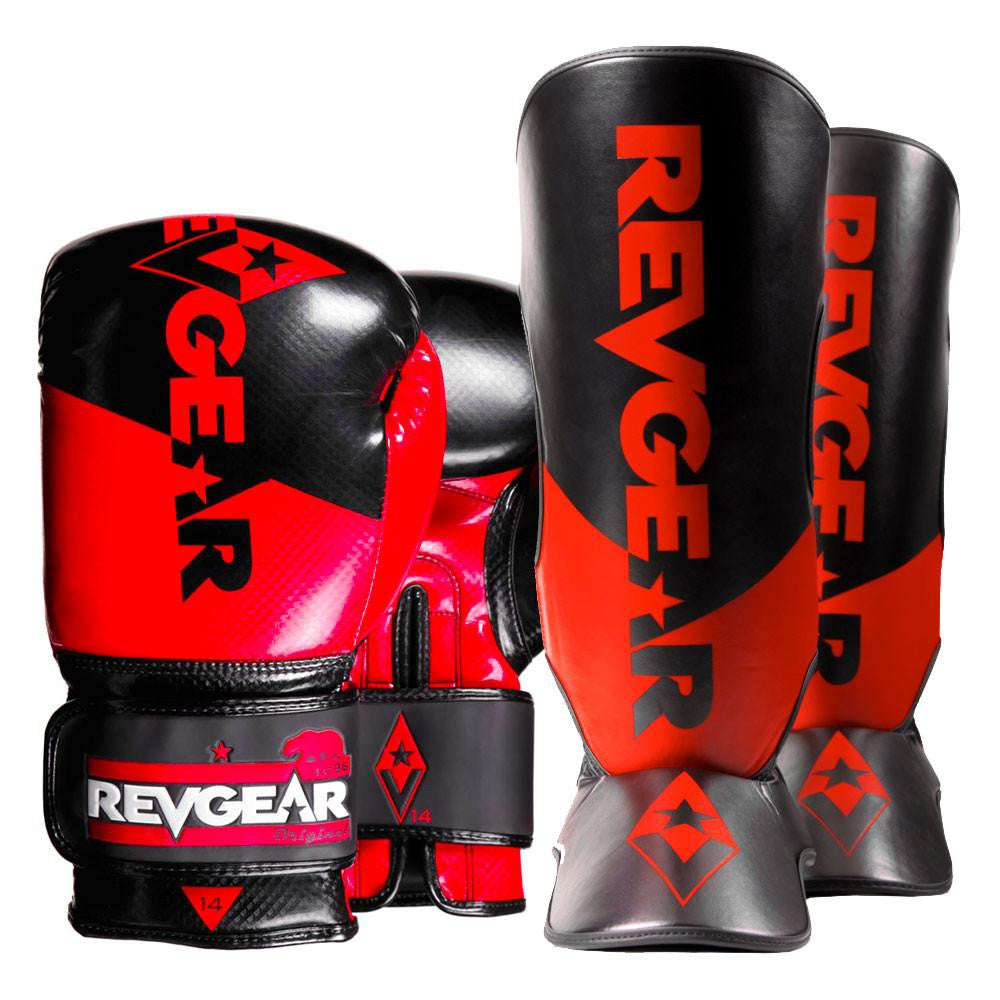 Pinnacle P4 Boxing Gloves 16oz and Premier Shin Guards Large - Black/Red Bundle