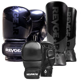 Pinnacle P4 Boxing Gloves 16oz, Pinnacle MMA Gloves Large and Pinnacle Shin Guards Large- Black/Black Bundle