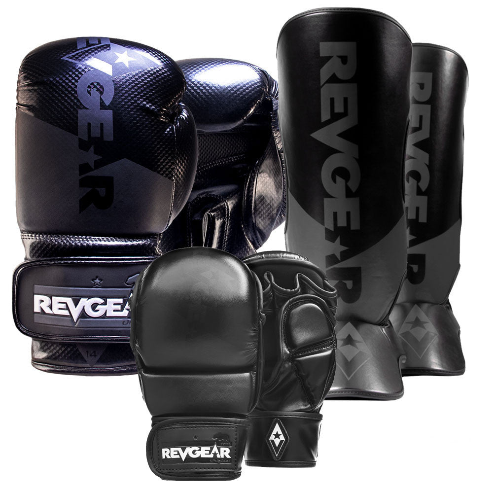 Pinnacle P4 Boxing Gloves 16oz, Pinnacle MMA Gloves Large and Pinnacle Shin Guards Large- Black/Black Bundle