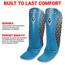 Light blue Superlite shin guards; panel claims ventilated leather, moisture wicking, light weight