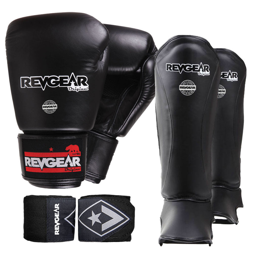 Revgear Thai Original Bundle: Muay Thai Boxing Gloves, Shin Guards & Hand Wraps